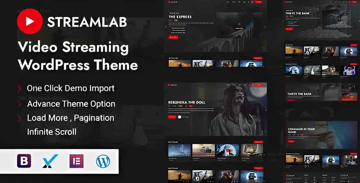 Streamlab video streaming WordPress theme showcasing a professional media platform layout with Elementor compatibility