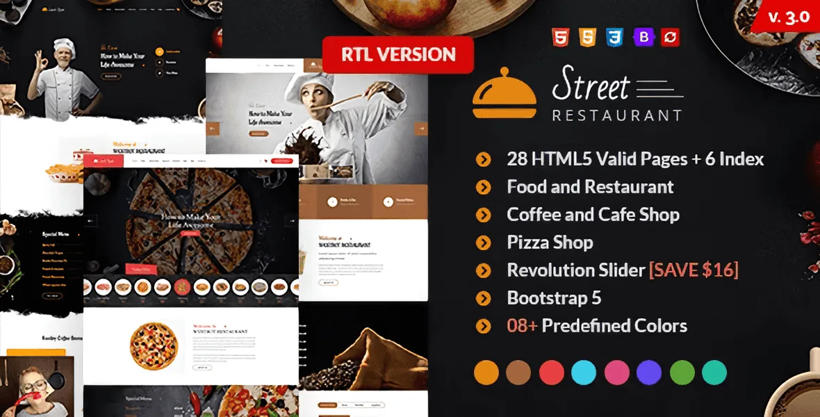 Street fast food and restaurant HTML template preview with homepage layout