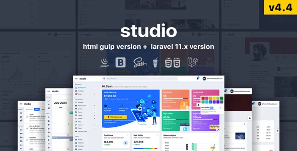 Studio Bootstrap 5 admin template dashboard preview showing clean flat-design interface with sidebar navigation, data tables, and chart widgets