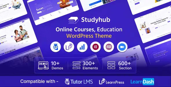 Studyhub education WordPress theme homepage preview with university layout and Elementor design