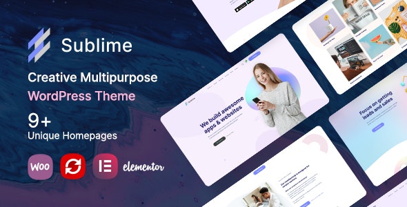Sublime creative WordPress theme preview showcasing responsive portfolio and WooCommerce layouts