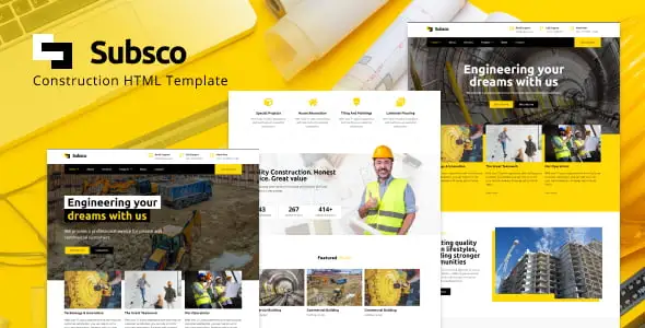 Subsco construction HTML template preview featuring a clean modern design for contractors and renovation businesses