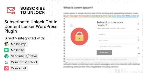 WordPress content locker plugin showing an opt-in form popup blocking page content until the user subscribes