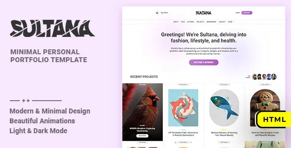 Sultana minimal personal portfolio HTML template with clean modern layout for creative professionals