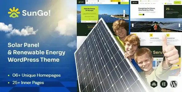 Sungo solar energy WordPress theme preview with clean responsive design