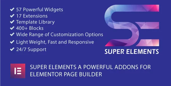 Super Elements Elementor addon interface showing WordPress page builder customization modules