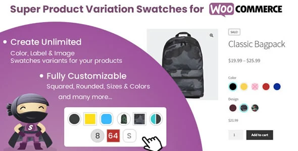 WooCommerce product variation swatches displaying color, label, and image options on a product page
