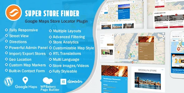 Super Store Finder WordPress store locator plugin interface with responsive Google Maps and store filter panel