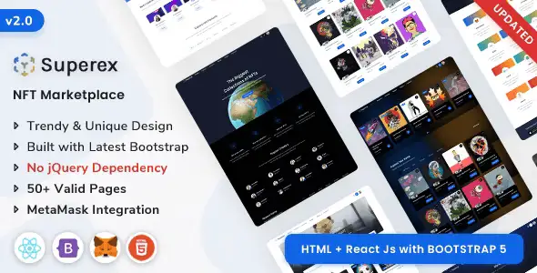Superex NFT marketplace template preview with dark mode interface and crypto collectibles layout