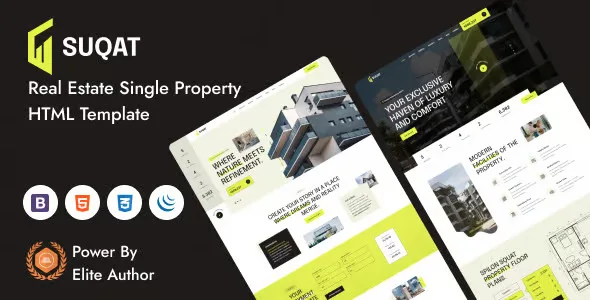 Suqat single property real estate HTML template preview showing modern property listing page with map and calculator features