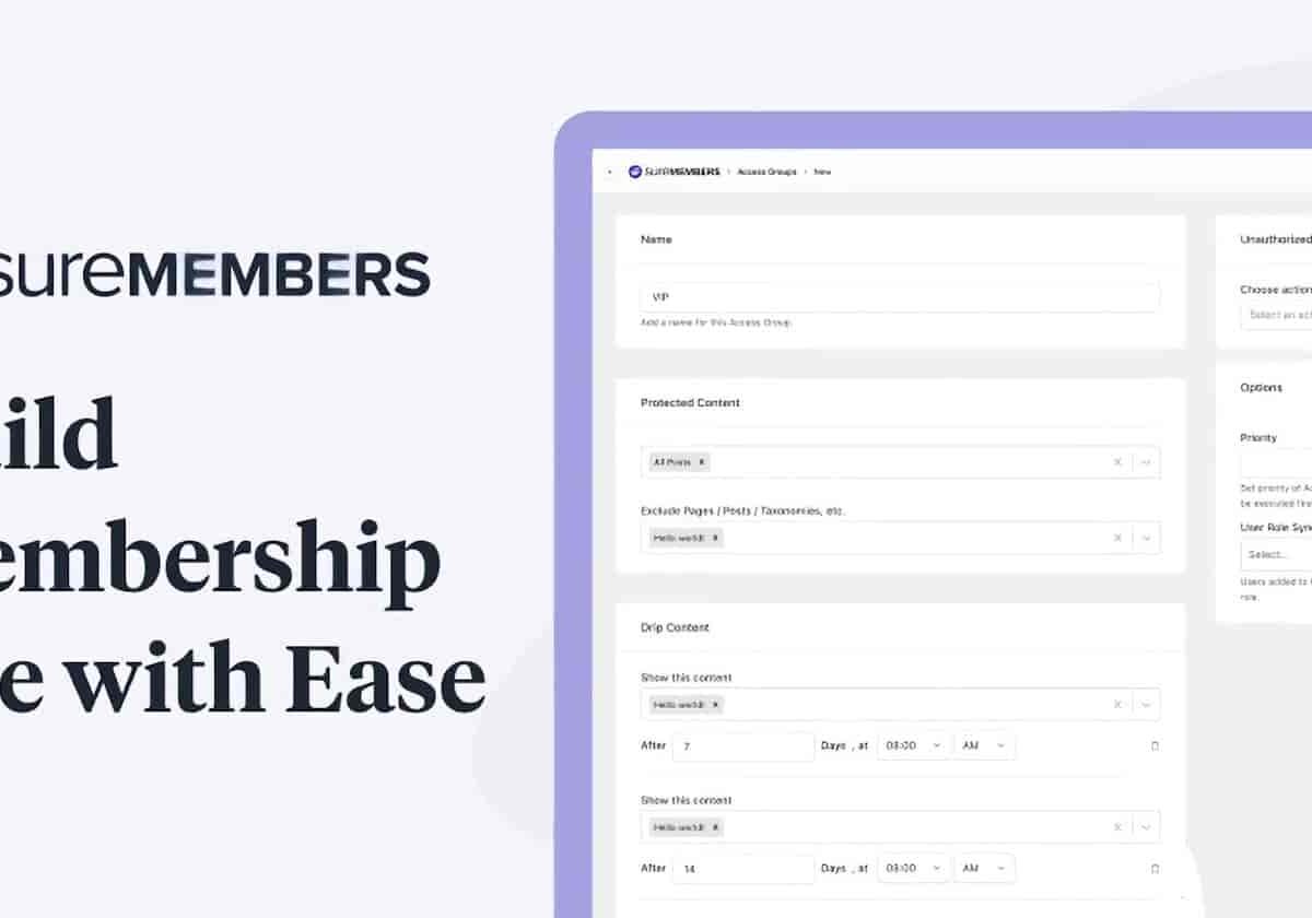 SureMembers WordPress membership plugin interface for content protection and drip scheduling