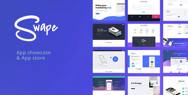 Swape app showcase WordPress theme homepage preview showing modern app landing page design with hero section, feature grid, and app screenshots