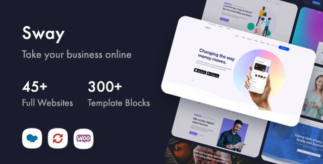 Sway multi-purpose WordPress theme showcasing corporate website layouts
