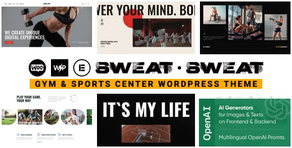 Sweat WordPress theme homepage showing gym hero section, class schedule, trainer cards, and membership pricing on desktop and mobile views