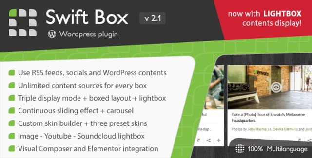 Swift Box WordPress content slider plugin displaying aggregated RSS feeds and social media content in a responsive layout