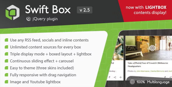 Swift Box jQuery content slider displaying aggregated RSS feeds, YouTube videos, and social media content in a responsive layout