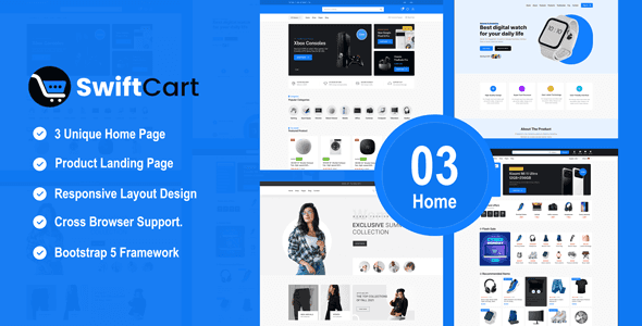 SwiftCart Bootstrap 5 ecommerce HTML template homepage preview showing responsive layout