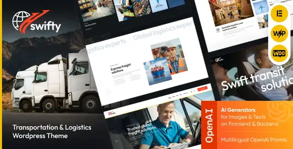 Swifty transportation and logistics WordPress theme homepage layout preview