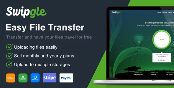 Swipgle file transfer SaaS PHP script interface showing large file upload and subscription management dashboard