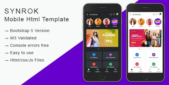Synrok mobile e-commerce HTML template built with Bootstrap 5