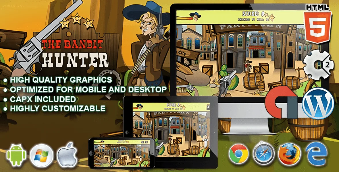 The Bandit Hunter Construct 2 shooting game template with Wild West theme