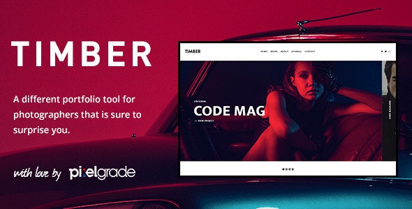 Timber photography WordPress theme homepage showing dynamic portfolio gallery with animated transitions