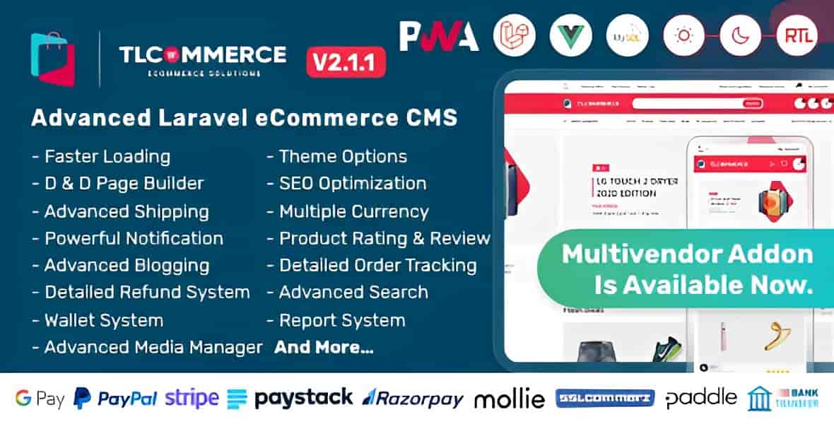 TLCommerce Laravel and VueJS ecommerce CMS platform dashboard