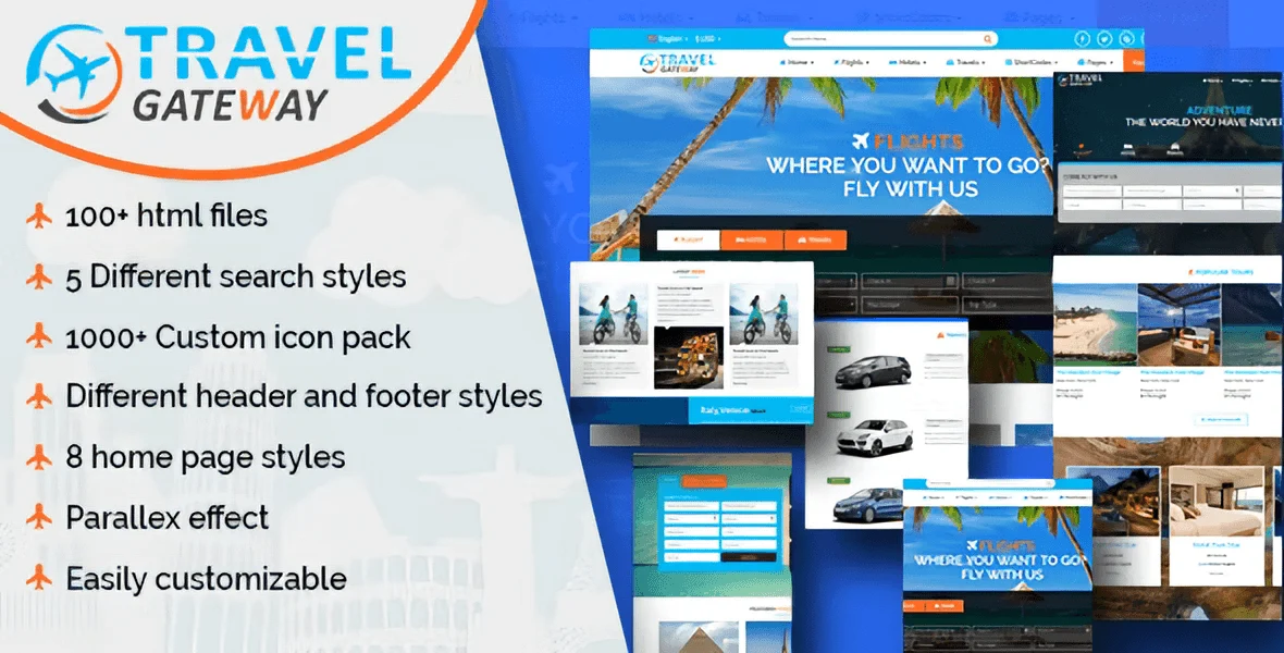 Travel Gateway HTML5 template homepage showing travel booking sections for hotels, flights, tours, car rentals, and cruises