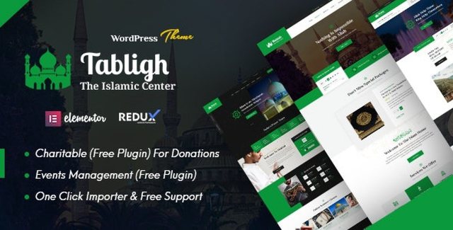 Tabligh Islamic mosque WordPress theme homepage layout preview