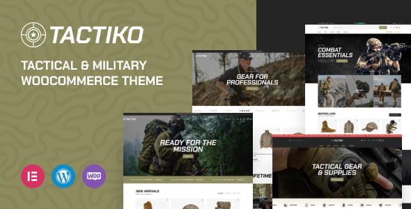 Tactiko tactical WooCommerce theme homepage showing military gear store layout with Elementor editor