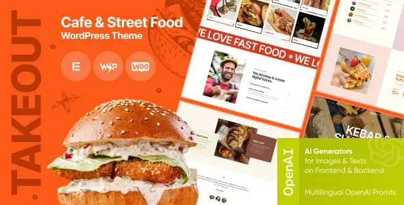 Takeout restaurant WordPress theme for Elementor with food business website demo layouts