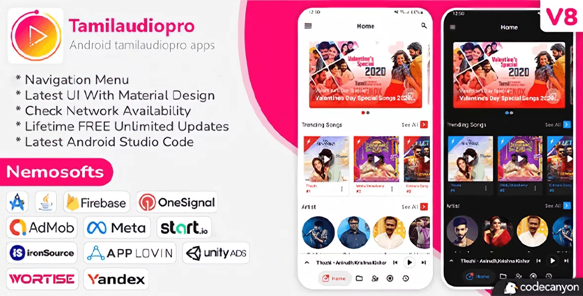 Tamilaudiopro music streaming app interface showing Android music player and PHP admin panel