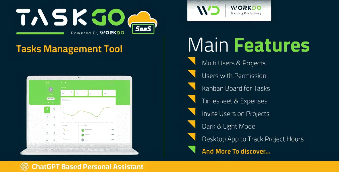 TaskGo task management PHP script dashboard showing multi-role project tracking interface