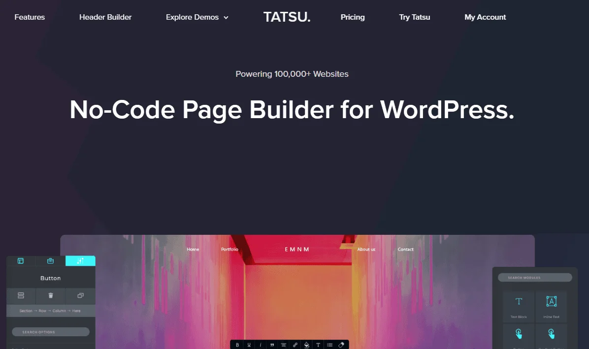 Tatsu Pro WordPress page builder plugin with drag-and-drop editing interface