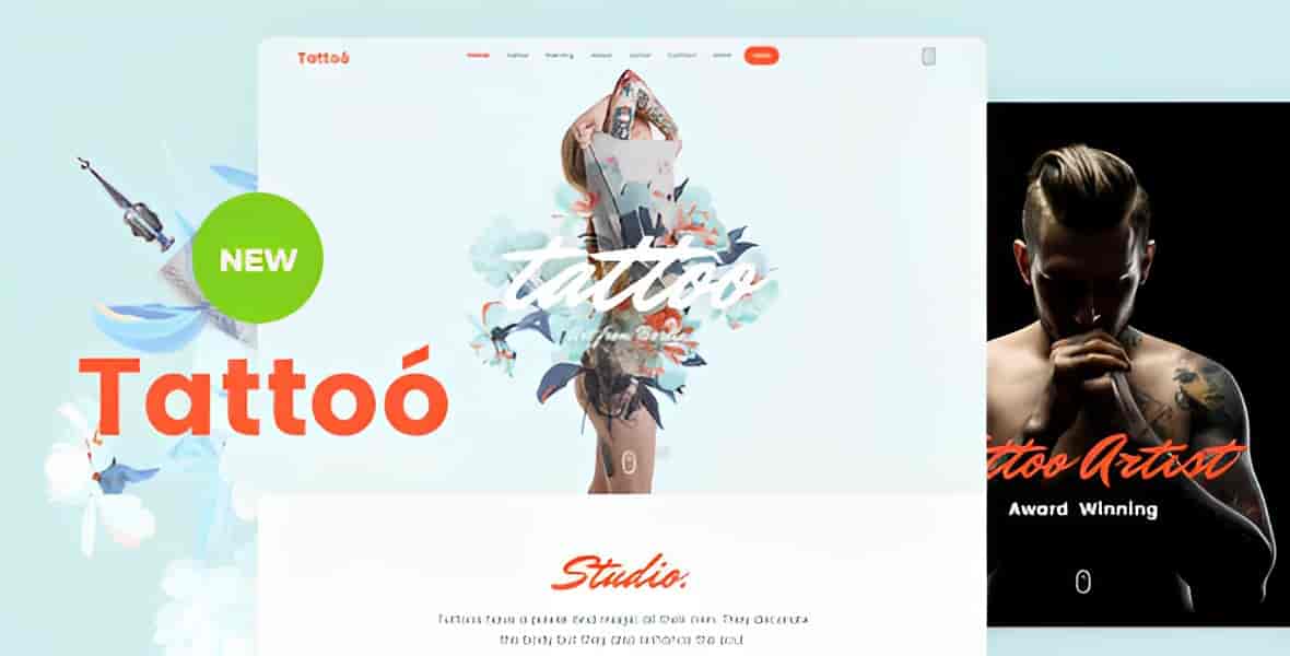 Tattoo WordPress theme for artists with portfolio galleries and booking forms for tattoo and piercing studios