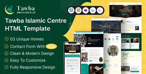 Tawba Islamic Center HTML template homepage preview showing responsive mosque website design with prayer times, events slider, and contact form