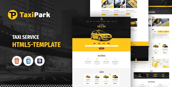 TaxiPark HTML5 template preview showing responsive taxi service website layout