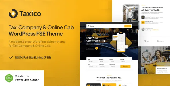 Taxico taxi WordPress theme dashboard showing Full Site Editing customization for cab service websites