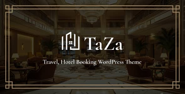 Taza hotel booking WordPress theme homepage preview showing room listings, booking form, and responsive design on desktop and mobile