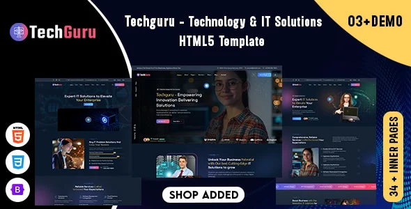 Techguru Bootstrap 5 HTML template preview showing responsive design for IT solutions and startup websites