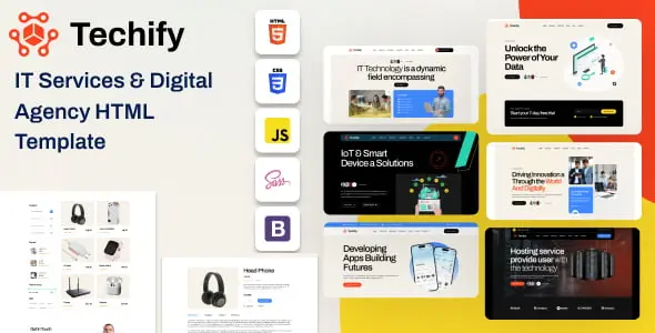 Techify IT services HTML template dashboard preview showing Bootstrap 5 digital agency homepage layout with responsive design