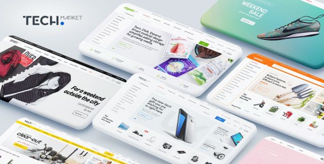 Techmarket WooCommerce electronics store theme preview showing multi-vendor marketplace layout