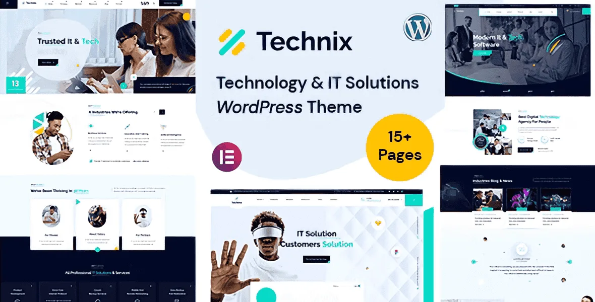 Technix Technology WordPress theme homepage preview showing SaaS hero section, feature grid, and responsive device mockups