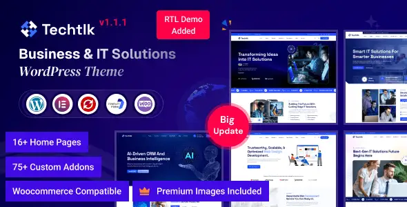 Techtlk technology WordPress theme homepage preview showing modern SaaS layout with Elementor editor