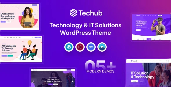 Techub WordPress theme homepage preview showing a modern technology company website layout with service cards, client logos, and call-to-action sections