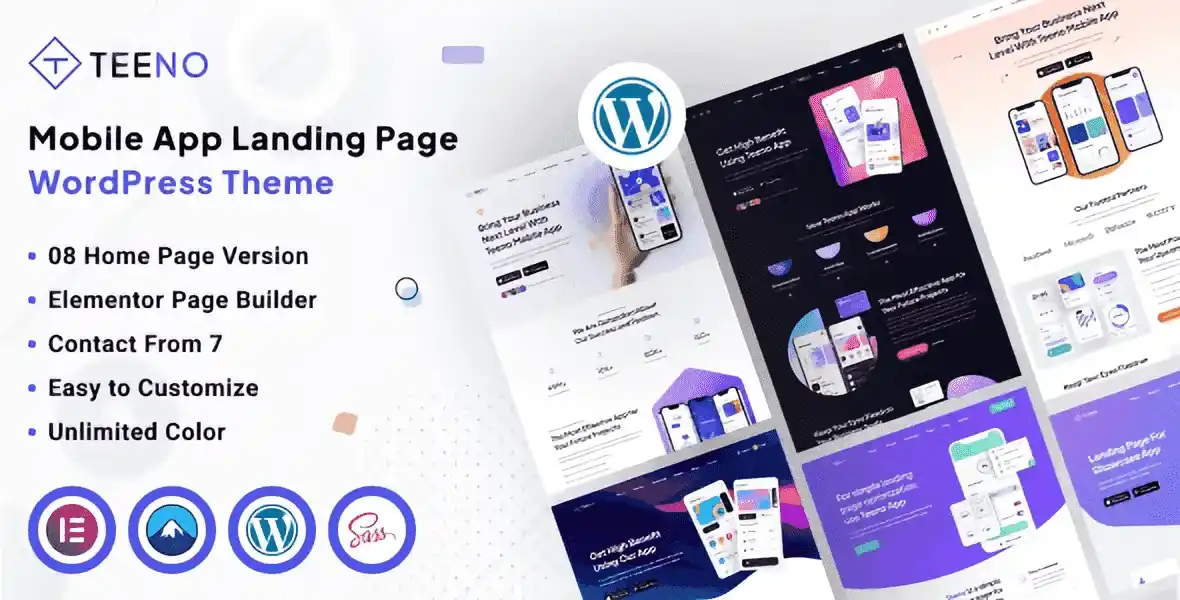 Teeno app landing page WordPress theme preview on desktop and mobile