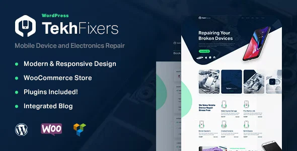 TekhFixers mobile repair WordPress theme homepage demo preview showing repair booking system and electronics repair shop layout