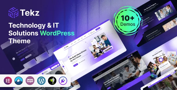Tekz WordPress theme dashboard showing Elementor editor with Corporate IT demo homepage layout