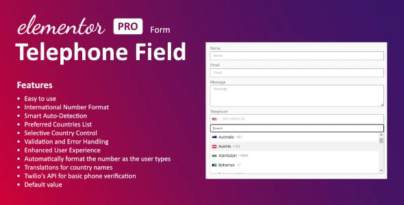 Telephone field extension for Elementor Pro forms with international phone input