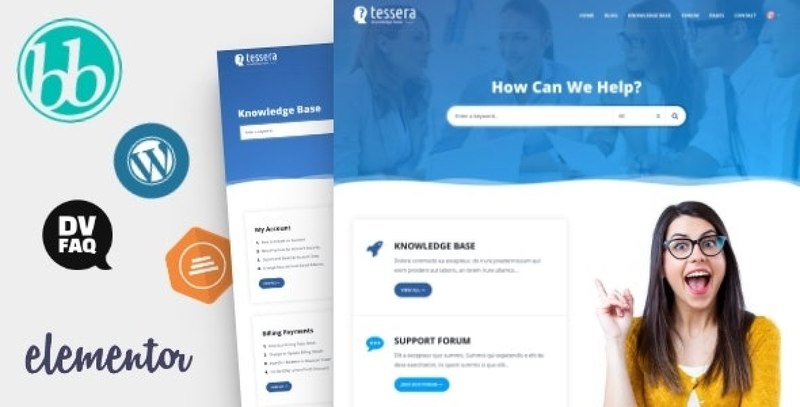 Tessera knowledge base WordPress theme preview showing Elementor-powered support forum layout